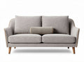 Modern two-seater sofa in light gray fabric with wooden legs and lumbar support cushion