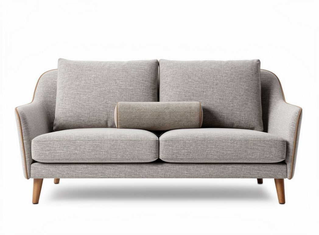 Modern two-seater sofa in light gray fabric with wooden legs and lumbar support cushion