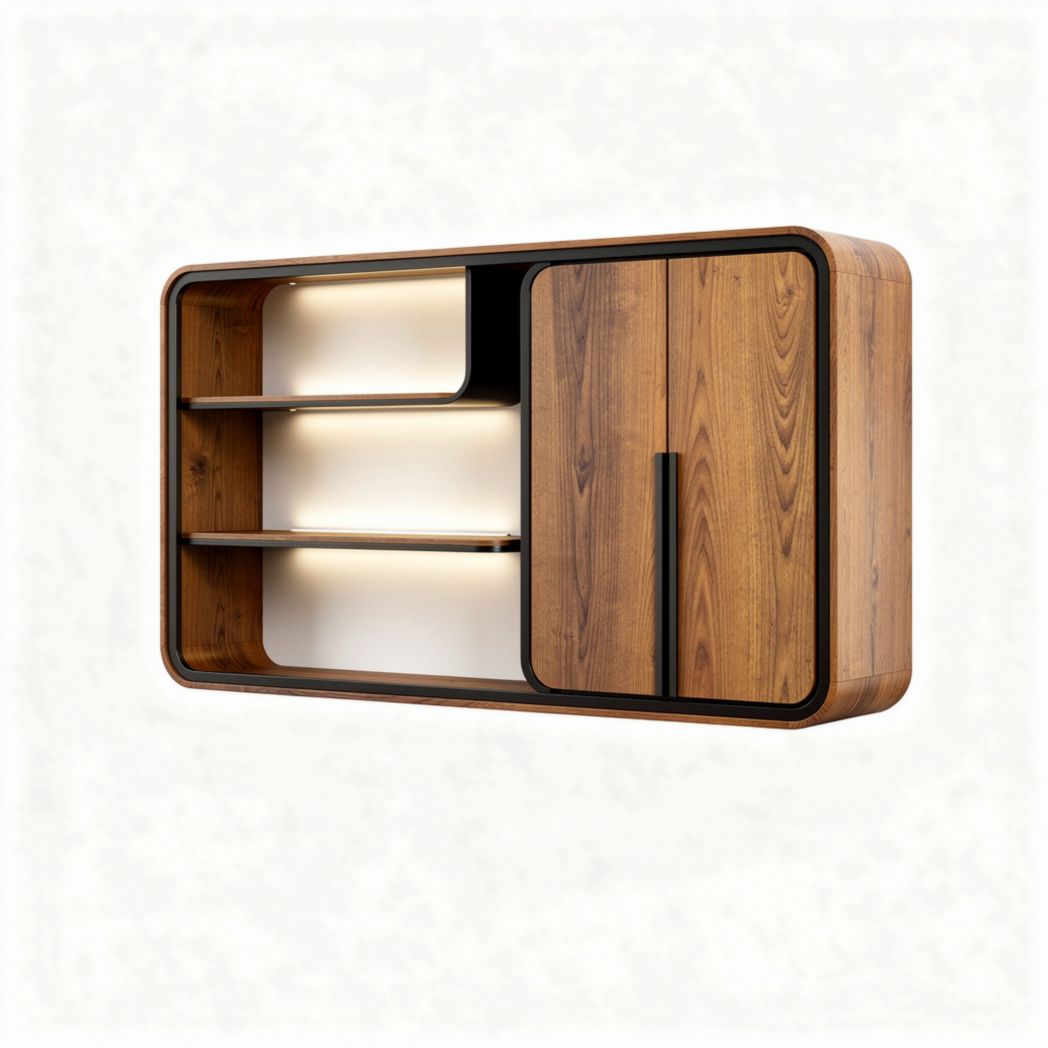 Wooden wall-mounted storage cabinet with shelves and LED lighting 120 x 40 x 60cm