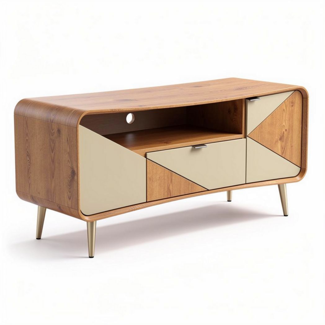 Wooden TV stand with geometric design and two storage drawers 150 x 40 x 60cm
