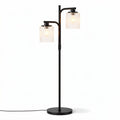 Two-light floor lamp with glass shades and black metal base for living room