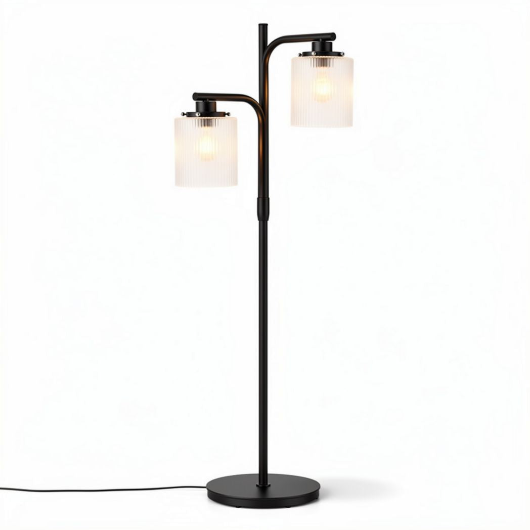 Two-light floor lamp with glass shades and black metal base for living room
