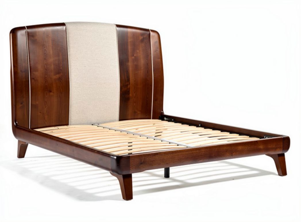 Wooden bed frame with slatted support and upholstered headboard 180 x 200 x 30cm