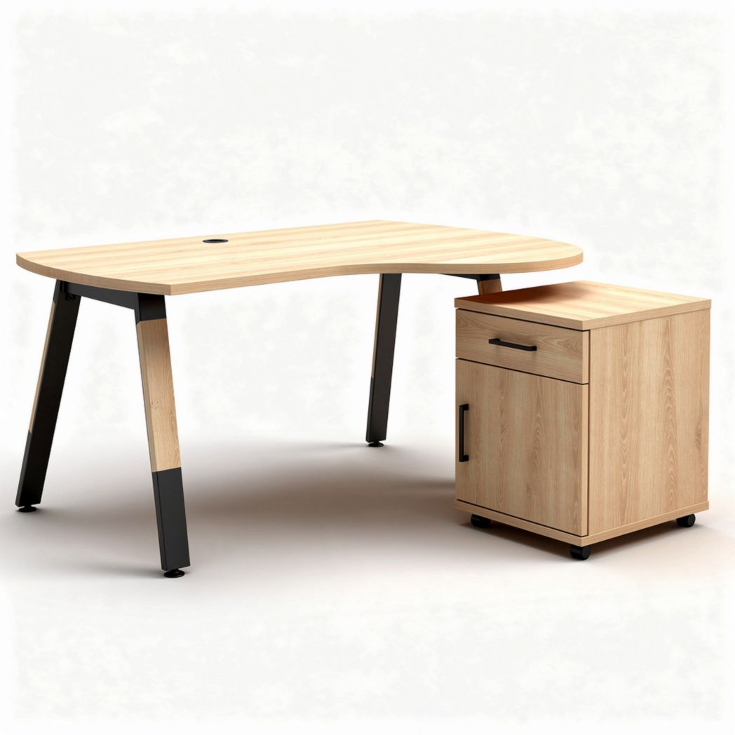 L-shaped wooden desk with metal legs and storage cabinet 150 x 75 x 75cm