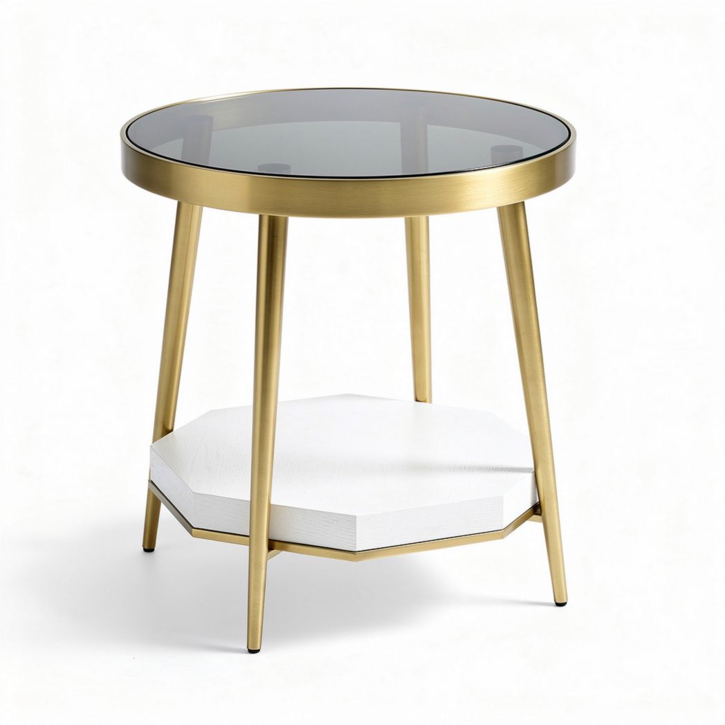 Gold metal side table with glass top and white octagonal base 50 x 50 x 55cm