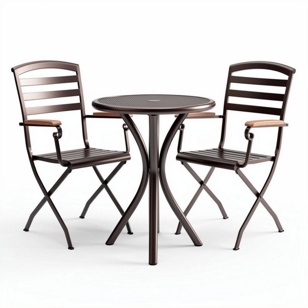 Folding bistro set with metal table and armchairs in brown finish