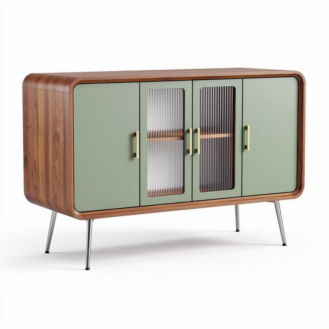 Mid-century modern sideboard cabinet with green doors and wooden finish 120 x 40 x 75cm